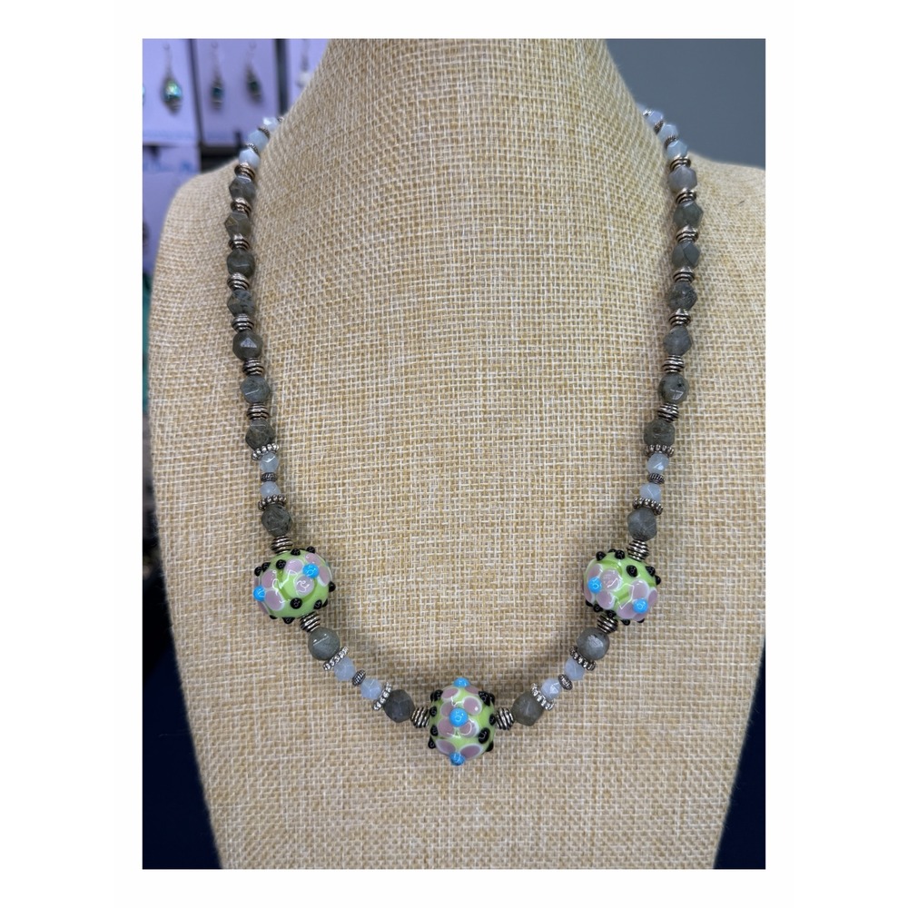 Artisan Lampwork Glass Floral Bead Necklace Labradorite Chalcedony Toggle Clasp